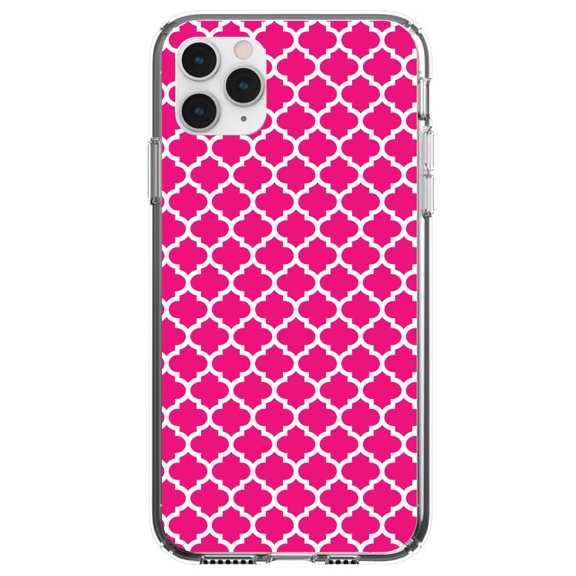 DistinctInk Clear Hybrid Case for Apple iPhone 13 Pro (6.1" Screen) - Hot Pink White Moroccan Lattice - Tempered Glass Back