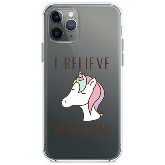 DistinctInk Clear Hybrid Case for Apple iPhone 13 Pro (6.1" Screen) - I Believe in Unicorns - Tempered Glass Back
