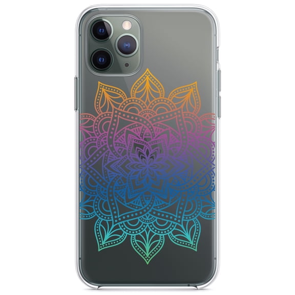DistinctInk Clear Hybrid Case for Apple iPhone 13 Pro (6.1" Screen) - Rainbow Gradient Mandala - Tempered Glass Back