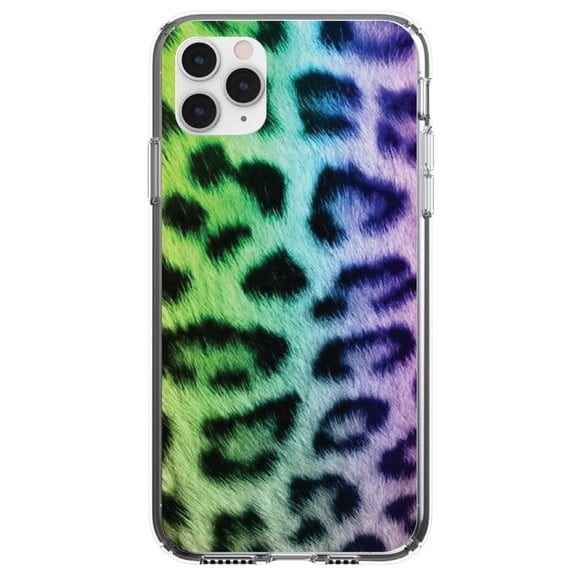 DistinctInk Clear Hybrid Case for Apple iPhone 13 Pro (6.1" Screen) - Rainbow Leopard Cheetah Fur Print - Tempered Glass Back