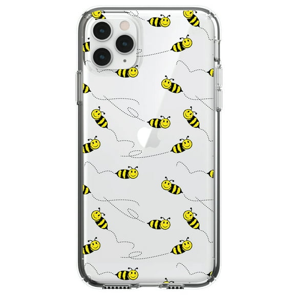 DistinctInk Clear Hybrid Case for Apple iPhone 13 Pro (6.1" Screen) - Repeating Bumble bees - Tempered Glass Back