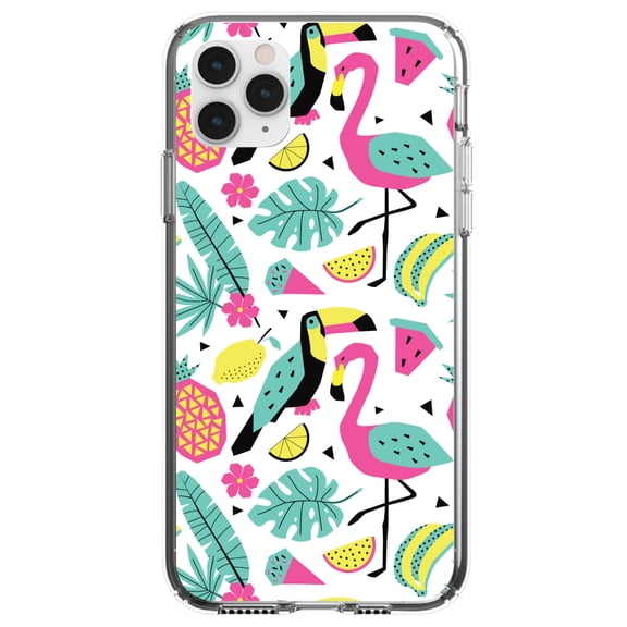 DistinctInk Clear Hybrid Case for Apple iPhone 13 Pro (6.1" Screen) - Flamingo Toucan Pineapple - Shockproof Protection