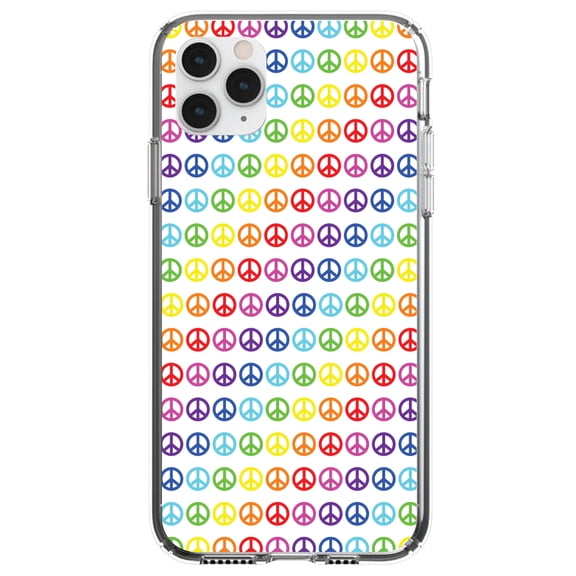 DistinctInk Clear Hybrid Case for Apple iPhone 13 Pro (6.1" Screen) - White Rainbow Peace Signs - Raised Bezel Screen Guard
