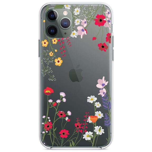 DistinctInk Clear Hybrid Case for Apple iPhone 13 Pro (6.1" Screen) - Wildflowers Border Blue Pink Purple - Wireless Charging Compatible