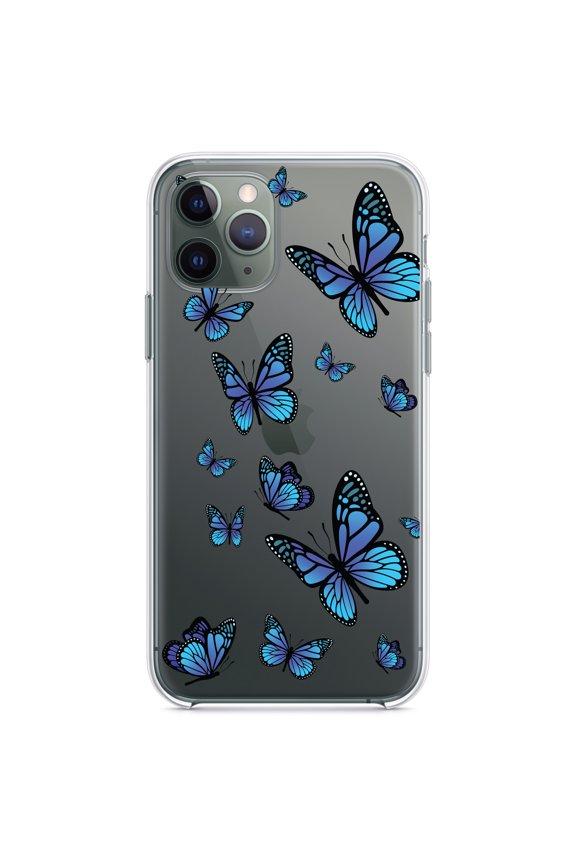 Clear Hybrid Case for Apple iPhone 13 Pro Max (6.7" Screen) - Blue Butterflies Butterfly - Wireless Charging Compatible