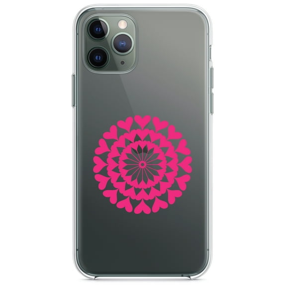 DistinctInk Clear Hybrid Case for Apple iPhone 13 Pro Max (6.7" Screen) - Hot Pink Hearts Mandala - Slim Profile Design