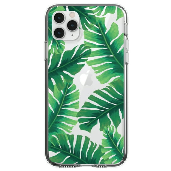 DistinctInk Clear Hybrid Case for Apple iPhone 13 Pro Max (6.7" Screen) - Tropical Banana Leaves - Tempered Glass Back