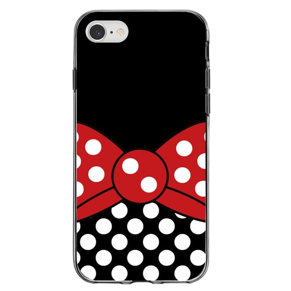 DistinctInk Clear Shockproof Hybrid Case for iPhone 7 8 SE (2020 Model) 4.7" Screen TPU Bumper Acrylic Back Tempered Glass Screen Protector - Black White Polka Dot Red Bow Minnie