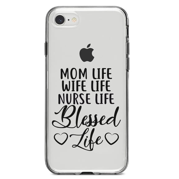 DistinctInk Clear Shockproof Hybrid Case for iPhone 7 8 SE (2020 Model) 4.7" Screen TPU Bumper Acrylic Back Tempered Glass Screen Protector - Mom Life Wife Life Nurse Life Blessed