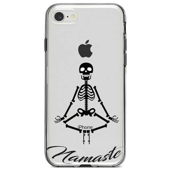 DistinctInk Clear Shockproof Hybrid Case for iPhone 7 8 SE (2020 Model) 4.7" Screen TPU Bumper Acrylic Back Tempered Glass Screen Protector - Namaste Yoga Skeleton