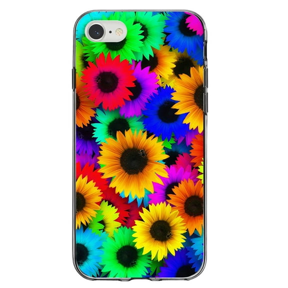 DistinctInk Clear Shockproof Hybrid Case for iPhone 7 8 SE (2020 Model) 4.7" Screen TPU Bumper Acrylic Back Tempered Glass Screen Protector - Red Green Yellow Sunflowers