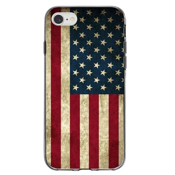 DistinctInk Clear Shockproof Hybrid Case for iPhone 7 8 SE (2020 Model) 4.7" Screen TPU Bumper Acrylic Back Tempered Glass Screen Protector - Red White Blue United States Flag Old - America