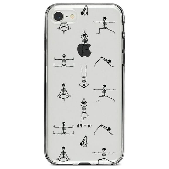 DistinctInk Clear Shockproof Hybrid Case for iPhone 7 8 SE (2020 Model) 4.7" Screen TPU Bumper Acrylic Back Tempered Glass Screen Protector - Yoga Skeletons