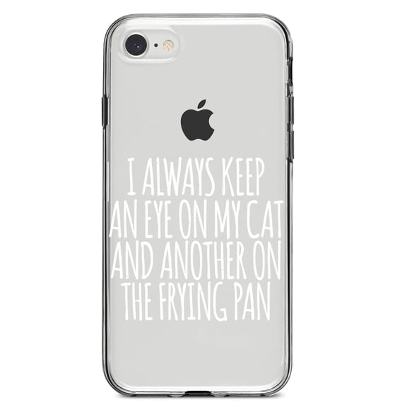 DistinctInk Clear Shockproof Hybrid Case for iPhone 7 8 SE (2020 Model) 4.7" Screen TPU Bumper Acrylic Back Tempered Glass Screen Protector - Always Keep Eye on Cat and on Frying Pan