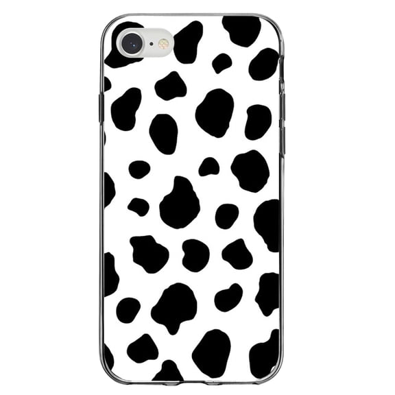 DistinctInk Clear Shockproof Hybrid Case for iPhone 7 8 SE (2020 Model) 4.7" Screen TPU Bumper Acrylic Back Tempered Glass Screen Protector - Black White Cow Dalmatian Spots - Animal Print