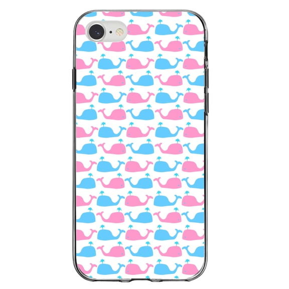 DistinctInk Clear Shockproof Hybrid Case for iPhone 7 8 SE (2020 Model) 4.7" Screen TPU Bumper Acrylic Back Tempered Glass Screen Protector - Blue Pink Cartoon Whales - Cartoon Whales