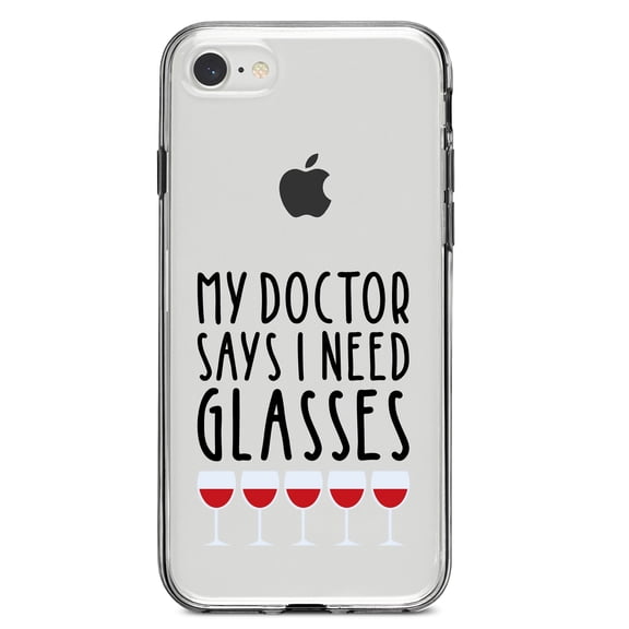 DistinctInk Clear Shockproof Hybrid Case for iPhone 7 8 SE (2020 Model) 4.7" Screen TPU Bumper Acrylic Back Tempered Glass Screen Protector - My Doctors Says I Need Glasses - Wine