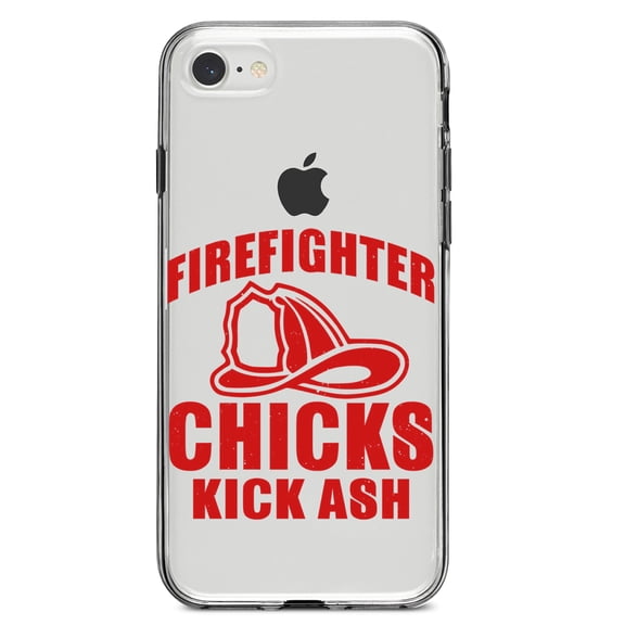 DistinctInk Clear Shockproof Hybrid Case for iPhone 7 8 SE (2020 Model) 4.7" Screen TPU Bumper Acrylic Back Tempered Glass Screen Protector - Firefighter Chicks Kick ASH