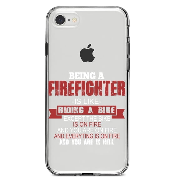 DistinctInk Clear Shockproof Hybrid Case for iPhone 7 8 SE (2020 Model) 4.7" Screen TPU Bumper Acrylic Back Tempered Glass Screen Protector - Being a Firefighter is Like Riding A Bike On Fire