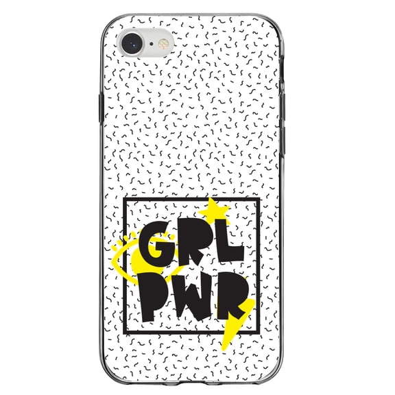 DistinctInk Clear Shockproof Hybrid Case for iPhone 7 8 SE (2020 Model) 4.7" Screen TPU Bumper Acrylic Back Tempered Glass Screen Protector - Girl Power - GRL PWR - Yellow & Black Box