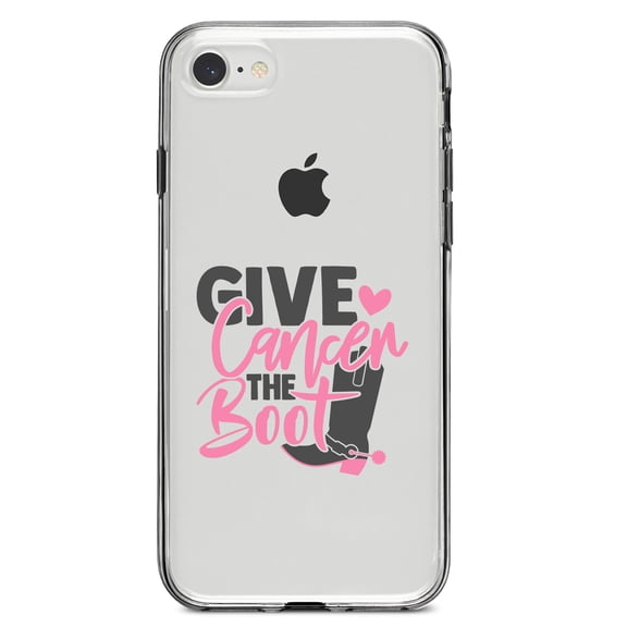 DistinctInk Clear Shockproof Hybrid Case for iPhone 7 8 SE (2020 Model) 4.7" Screen TPU Bumper Acrylic Back Tempered Glass Screen Protector - Give Cancer the Boot - Cowboy Spurs