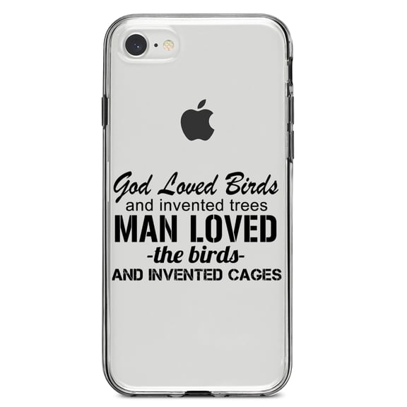 DistinctInk Clear Shockproof Hybrid Case for iPhone 7 8 SE (2020 Model) 4.7" Screen TPU Bumper Acrylic Back Tempered Glass Screen Protector - God Loved Birds - Trees, Cages