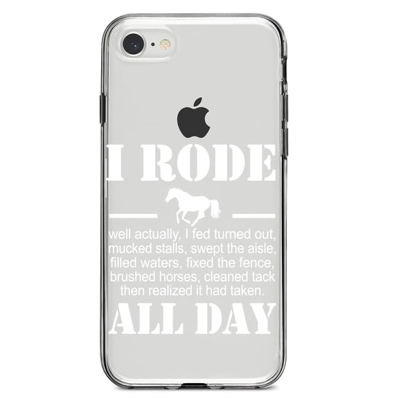 DistinctInk Clear Shockproof Hybrid Case for iPhone 7 8 SE (2020 Model) 4.7" Screen TPU Bumper Acrylic Back Tempered Glass Screen Protector - I Rode All Day - Horse