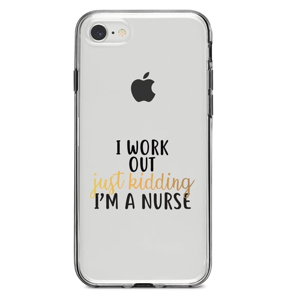 DistinctInk Clear Shockproof Hybrid Case for iPhone 7 8 SE (2020 Model) 4.7" Screen TPU Bumper Acrylic Back Tempered Glass Screen Protector - I Work Out - Just Kidding, I'm a Nurse