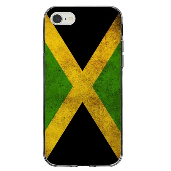 DistinctInk Clear Shockproof Hybrid Case for iPhone 7 8 SE (2020 Model) 4.7" Screen TPU Bumper Acrylic Back Tempered Glass Screen Protector - Jamaica Old Flag Black Green Yellow - Show Love of Jamaica