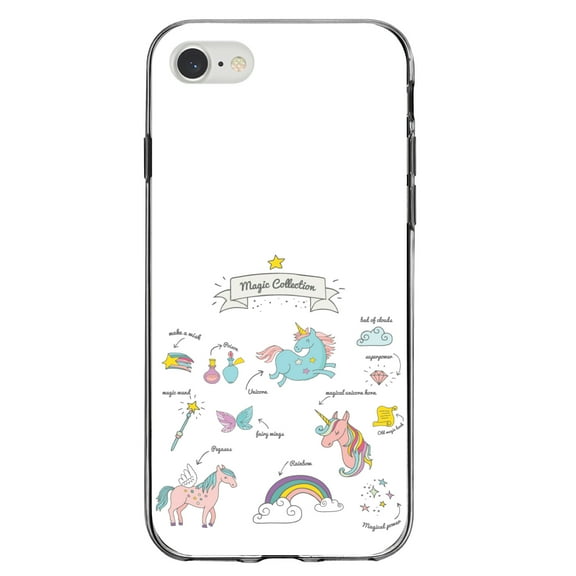 DistinctInk Clear Shockproof Hybrid Case for iPhone 7 8 SE (2020 Model) 4.7" Screen TPU Bumper Acrylic Back Tempered Glass Screen Protector - Magic Collection White - Unicorn, Rainbow