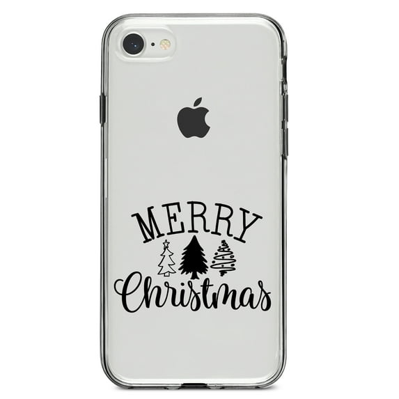 DistinctInk Clear Shockproof Hybrid Case for iPhone 7 8 SE (2020 Model) 4.7" Screen TPU Bumper Acrylic Back Tempered Glass Screen Protector - Merry Christmas Doodle Trees