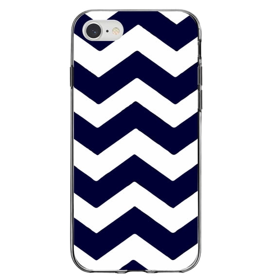 DistinctInk Clear Shockproof Hybrid Case for iPhone 7 8 SE (2020 Model) 4.7" Screen TPU Bumper Acrylic Back Tempered Glass Screen Protector - Navy Blue White Chevron Stripes - Chevron Stripes Pattern