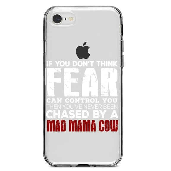 DistinctInk Clear Shockproof Hybrid Case for iPhone 7 8 SE (2020 Model) 4.7" Screen TPU Bumper Acrylic Back Tempered Glass Screen Protector - Never Been Chased By A Mad Mama Cow