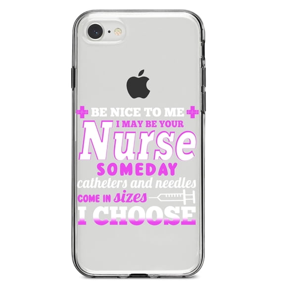 DistinctInk Clear Shockproof Hybrid Case for iPhone 7 8 SE (2020 Model) 4.7" Screen TPU Bumper Acrylic Back Tempered Glass Screen Protector - Be Nice I May Be Your Nurse Choose Needles