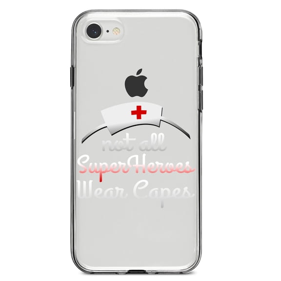 DistinctInk Clear Shockproof Hybrid Case for iPhone 7 8 SE (2020 Model) 4.7" Screen TPU Bumper Acrylic Back Tempered Glass Screen Protector - Nurse - Not All Super Heroes Wear Capes