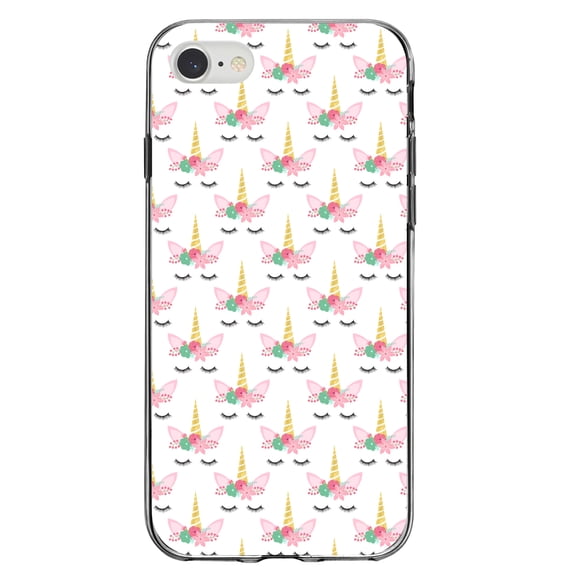DistinctInk Clear Shockproof Hybrid Case for iPhone 7 8 SE (2020 Model) 4.7" Screen TPU Bumper Acrylic Back Tempered Glass Screen Protector - Pastel Unicorn Pattern - White Pink Black