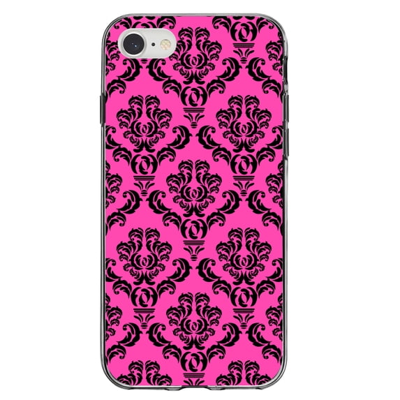 DistinctInk Clear Shockproof Hybrid Case for iPhone 7 8 SE (2020 Model) 4.7" Screen TPU Bumper Acrylic Back Tempered Glass Screen Protector - Pink Black Damask Pattern - Floral Damask Pattern