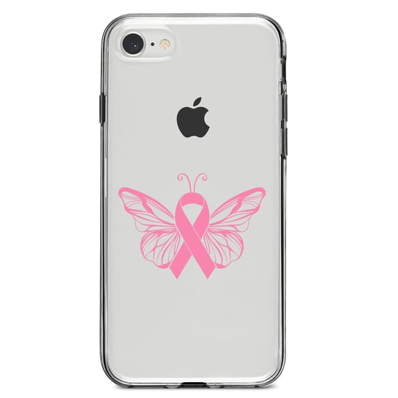 DistinctInk Clear Shockproof Hybrid Case for iPhone 7 8 SE (2020 Model) 4.7" Screen TPU Bumper Acrylic Back Tempered Glass Screen Protector - Pink Ribbon Cancer - Butterfly