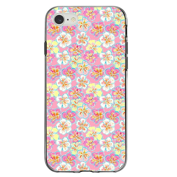 DistinctInk Clear Shockproof Hybrid Case for iPhone 7 8 SE (2020 Model) 4.7" Screen TPU Bumper Acrylic Back Tempered Glass Screen Protector - Preppy Pattern - Yellow White Pink Flowers Floral