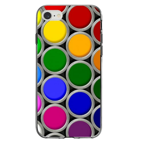 DistinctInk Clear Shockproof Hybrid Case for iPhone 7 8 SE (2020 Model) 4.7" Screen TPU Bumper Acrylic Back Tempered Glass Screen Protector - Rainbow Paint Cans - Rainbow Art Supplies