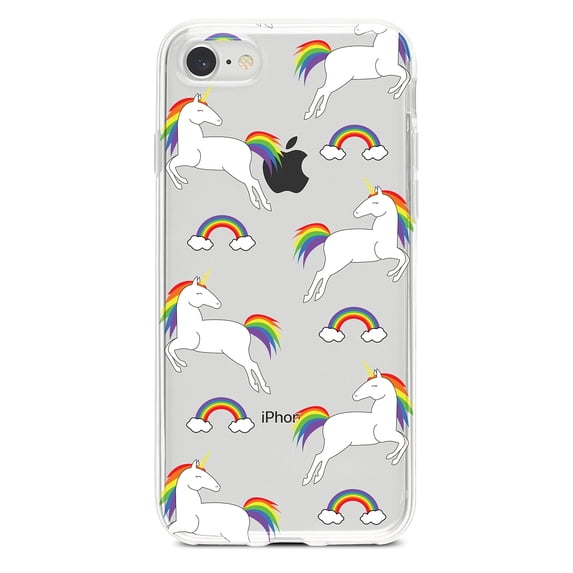 DistinctInk Clear Shockproof Hybrid Case for iPhone 7 8 SE (2020 Model) 4.7" Screen TPU Bumper Acrylic Back Tempered Glass Screen Protector - Rainbows & Unicorns