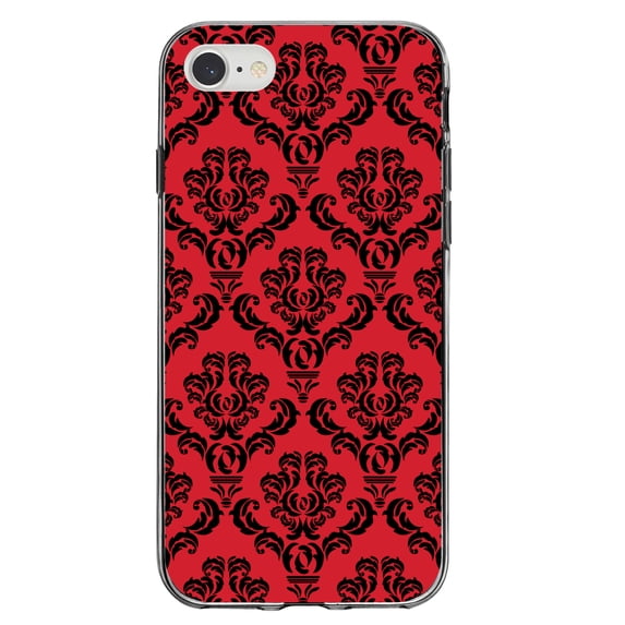 DistinctInk Clear Shockproof Hybrid Case for iPhone 7 8 SE (2020 Model) 4.7" Screen TPU Bumper Acrylic Back Tempered Glass Screen Protector - Red Black Damask Pattern - Floral Damask Pattern