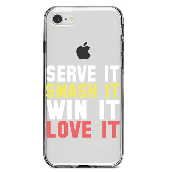 DistinctInk Clear Shockproof Hybrid Case for iPhone 7 8 SE (2020 Model) 4.7" Screen TPU Bumper Acrylic Back Tempered Glass Screen Protector - Serve It Smash It Win It Love It Tennis