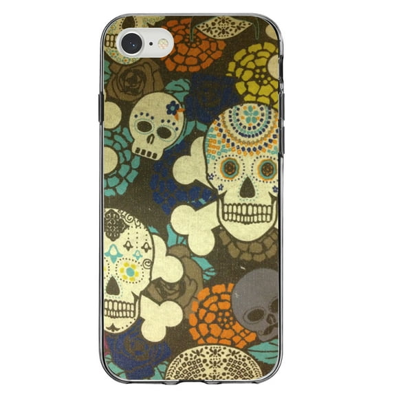 DistinctInk Clear Shockproof Hybrid Case for iPhone 7 8 SE (2020 Model) 4.7" Screen TPU Bumper Acrylic Back Tempered Glass Screen Protector - Sugar Skulls Green Orange