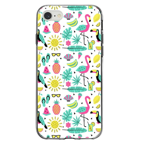 DistinctInk Clear Shockproof Hybrid Case for iPhone 7 8 SE (2020 Model) 4.7" Screen TPU Bumper Acrylic Back Tempered Glass Screen Protector - Summer Graphics - Flamingo Pineapple Sun Glasses
