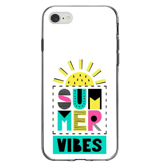 DistinctInk Clear Shockproof Hybrid Case for iPhone 7 8 SE (2020 Model) 4.7" Screen TPU Bumper Acrylic Back Tempered Glass Screen Protector - Summer Graphics - Summer Vibes Teal yellow Pink