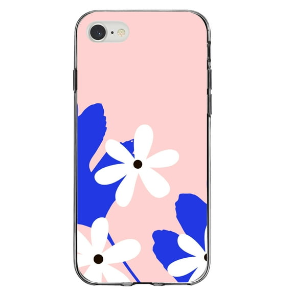 DistinctInk Clear Shockproof Hybrid Case for iPhone 7 8 SE (2020 Model) 4.7" Screen TPU Bumper Acrylic Back Tempered Glass Screen Protector - Summer Vibes Bold Flower Pink White Blue