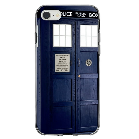 DistinctInk Clear Shockproof Hybrid Case for iPhone 7 8 SE (2020 Model) 4.7" Screen TPU Bumper Acrylic Back Tempered Glass Screen Protector - TARDIS Police Call Box