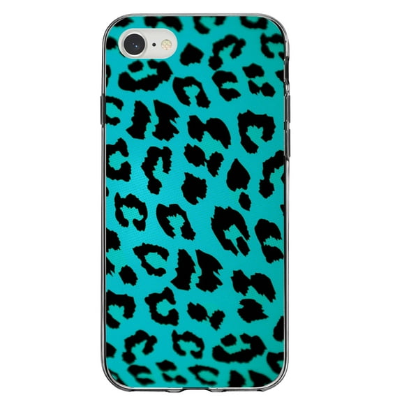 DistinctInk Clear Shockproof Hybrid Case for iPhone 7 8 SE (2020 Model) 4.7" Screen TPU Bumper Acrylic Back Tempered Glass Screen Protector - Teal Black Leopard Skin Spots