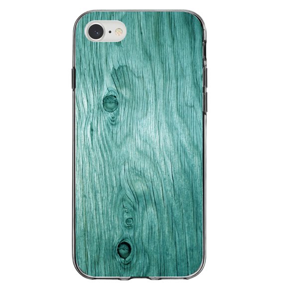 DistinctInk Clear Shockproof Hybrid Case for iPhone 7 8 SE (2020 Model) 4.7" Screen TPU Bumper Acrylic Back Tempered Glass Screen Protector - Teal Weathered Wood Grain Print - Printed Wood Grain Image